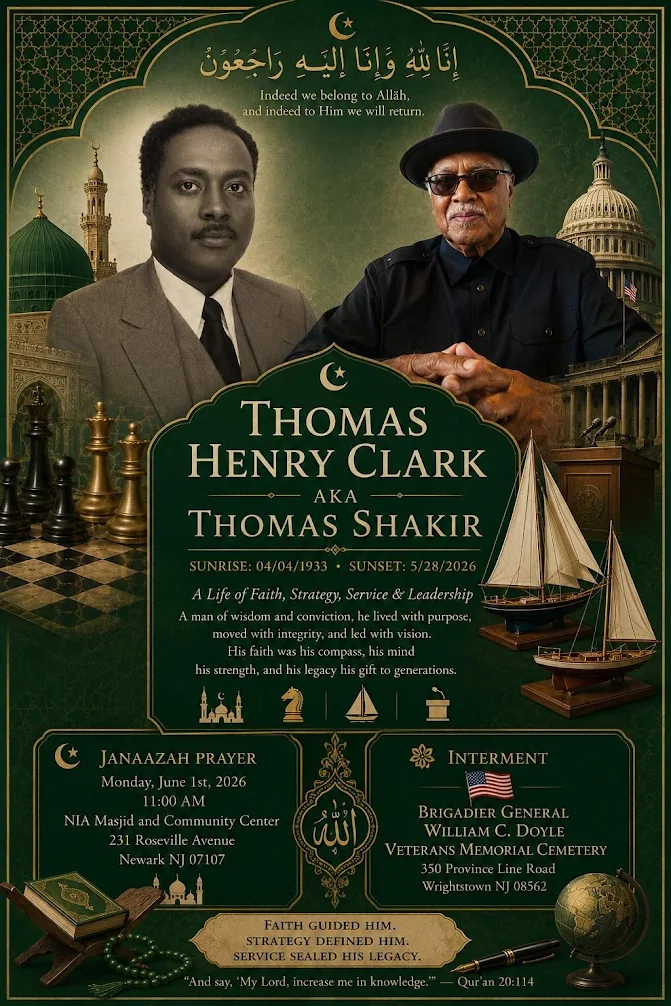 Memorial flyer honoring Thomas Henry Clark, also known as Thomas Shakir, featuring funeral and janaazah service details in Newark, New Jersey.