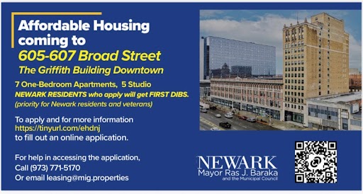 Affordable housing apartments available at the Griffith Building located at 605–607 Broad Street in downtown Newark, New Jersey.