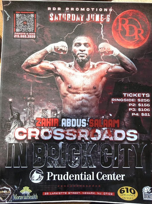 Promotional flyer featuring boxer Zahir Abdus Salaam for the Crossroads in Brick City professional boxing event at Prudential Center in Newark, New Jersey.