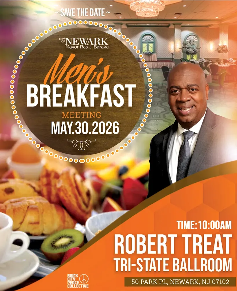 Promotional flyer for the Newark Men’s Breakfast Meeting taking place on May 30, 2026 at the Robert Treat Tri-State Ballroom in Newark, New Jersey.