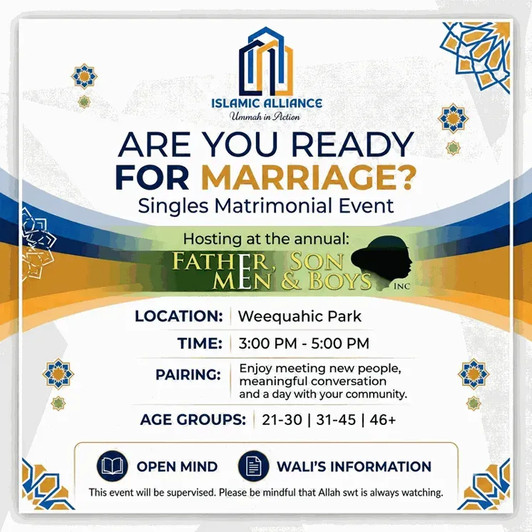 Flyer promoting the Islamic Alliance "Are You Ready for Marriage?" Singles Matrimonial Event at Weequahic Park in Newark, New Jersey.