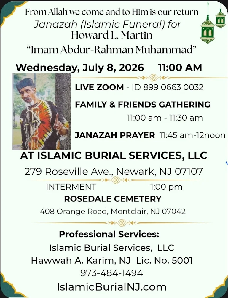 Memorial flyer announcing the Janazah (Islamic Funeral) service for Howard L. Martin, also known as Imam Abdur-Rahman Muhammad, in Newark, New Jersey.