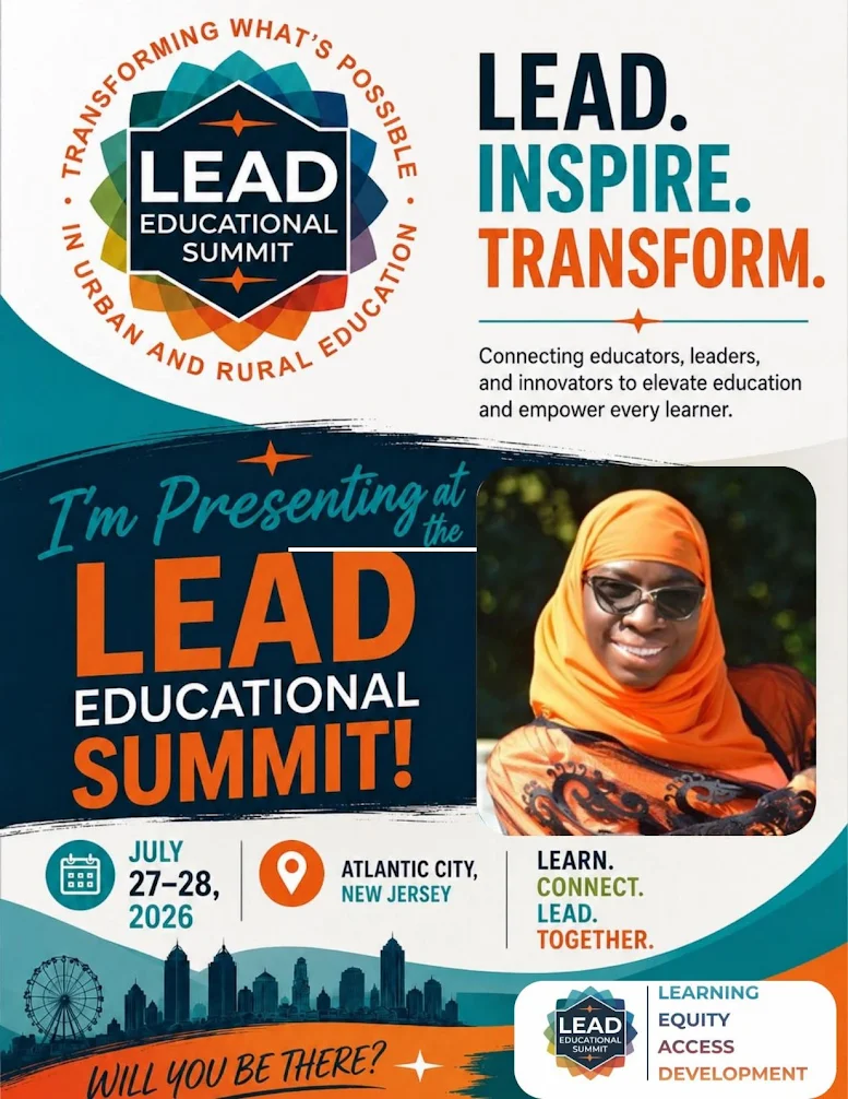 Promotional flyer for the LEAD Educational Summit 2026 in Atlantic City, New Jersey, featuring the conference theme "Lead. Inspire. Transform." and presenter information.