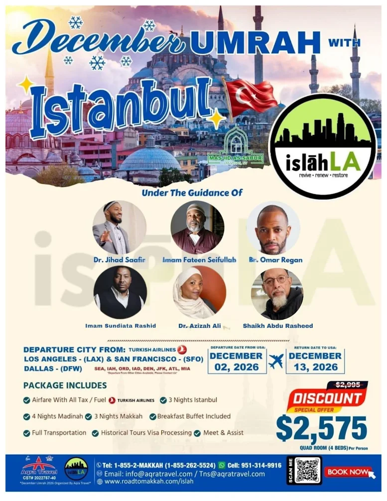 Promotional flyer for the December Umrah with Istanbul 2026 travel package featuring departures from Los Angeles, San Francisco, and Dallas, including visits to Istanbul, Makkah, and Madinah with guided scholars.