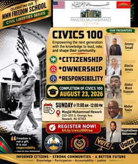 Civics 100 civic leadership series flyer promoting citizenship, ownership, and responsibility at Masjid Muhammad Newark