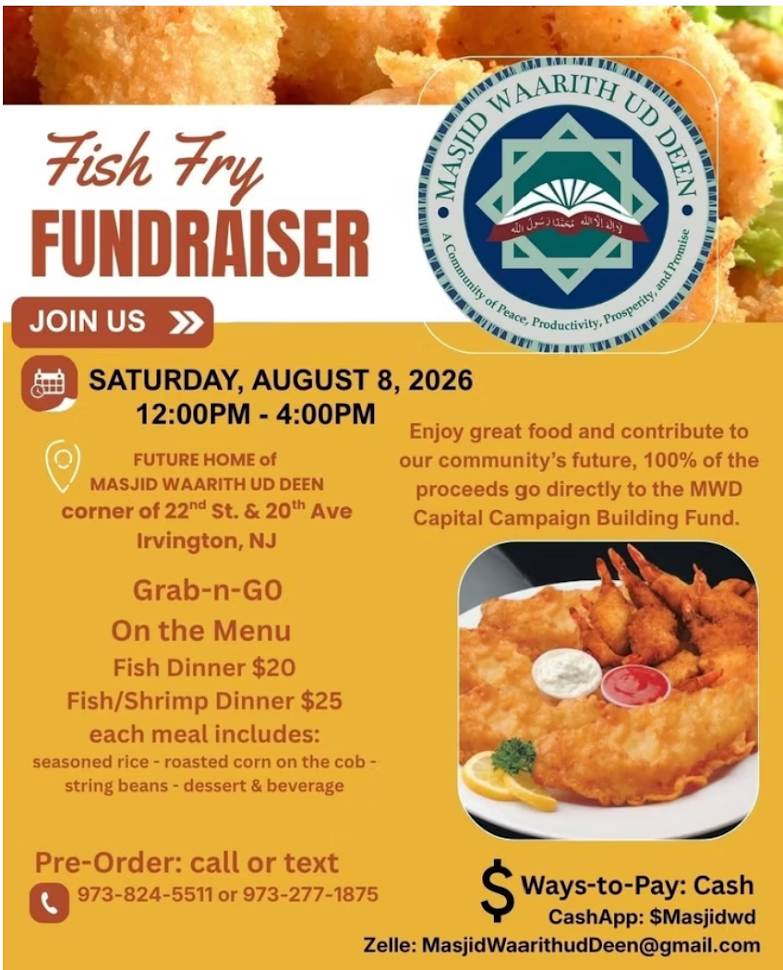 Masjid Waarith Ud Deen Fish Fry Fundraiser on August 8, 2026, in Irvington, New Jersey