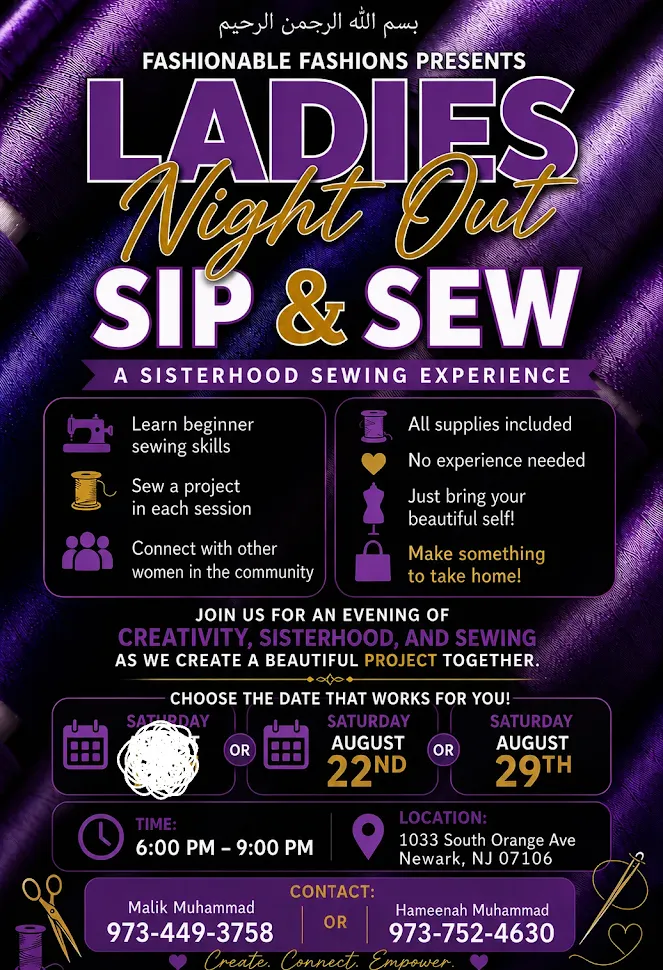 Ladies Night Out Sip and Sew flyer featuring a women’s beginner sewing experience in Newark, New Jersey