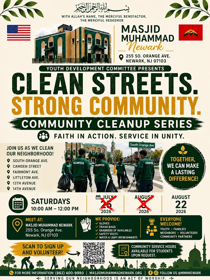 Masjid Muhammad Newark volunteers participating in the Clean Streets Strong Community neighborhood cleanup series in Newark NJ