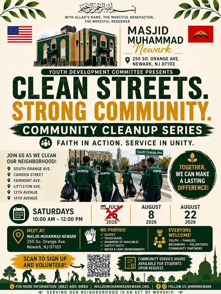 Masjid Muhammad Newark volunteers participating in the Clean Streets Strong Community neighborhood cleanup series in Newark, New Jersey