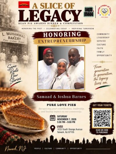 A Slice of Legacy Bean Pie Awards Dinner flyer honoring Samaaad and Joshua Barnes of Pure Love Pies in Newark, New Jersey