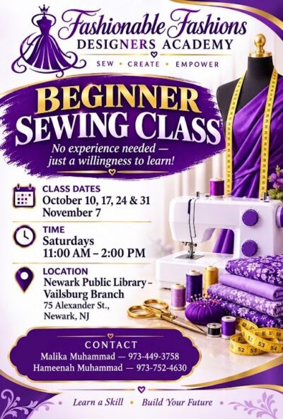 Beginner Sewing Class flyer for Fashionable Fashions Designers Academy at Newark Public Library Vaisburg Branch