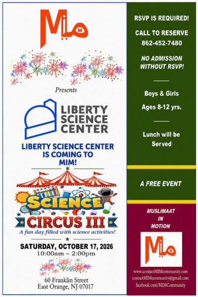Science Circus III flyer promoting a free Liberty Science Center event for boys and girls ages 8 to 12 in East Orange New Jersey