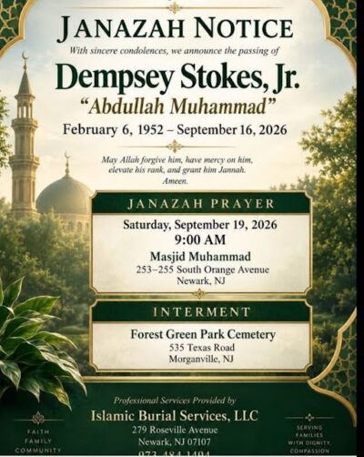 Janazah notice announcing the passing of Dempsey Stokes Jr also known as Abdullah Muhammad with prayer and interment details