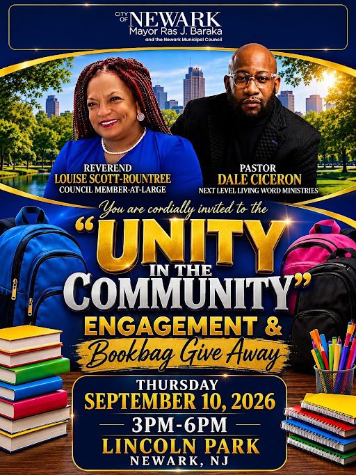 Unity in the Community bookbag giveaway flyer featuring Newark community leaders Reverend Louise Scott-Rountree and Pastor Dale Ciceron